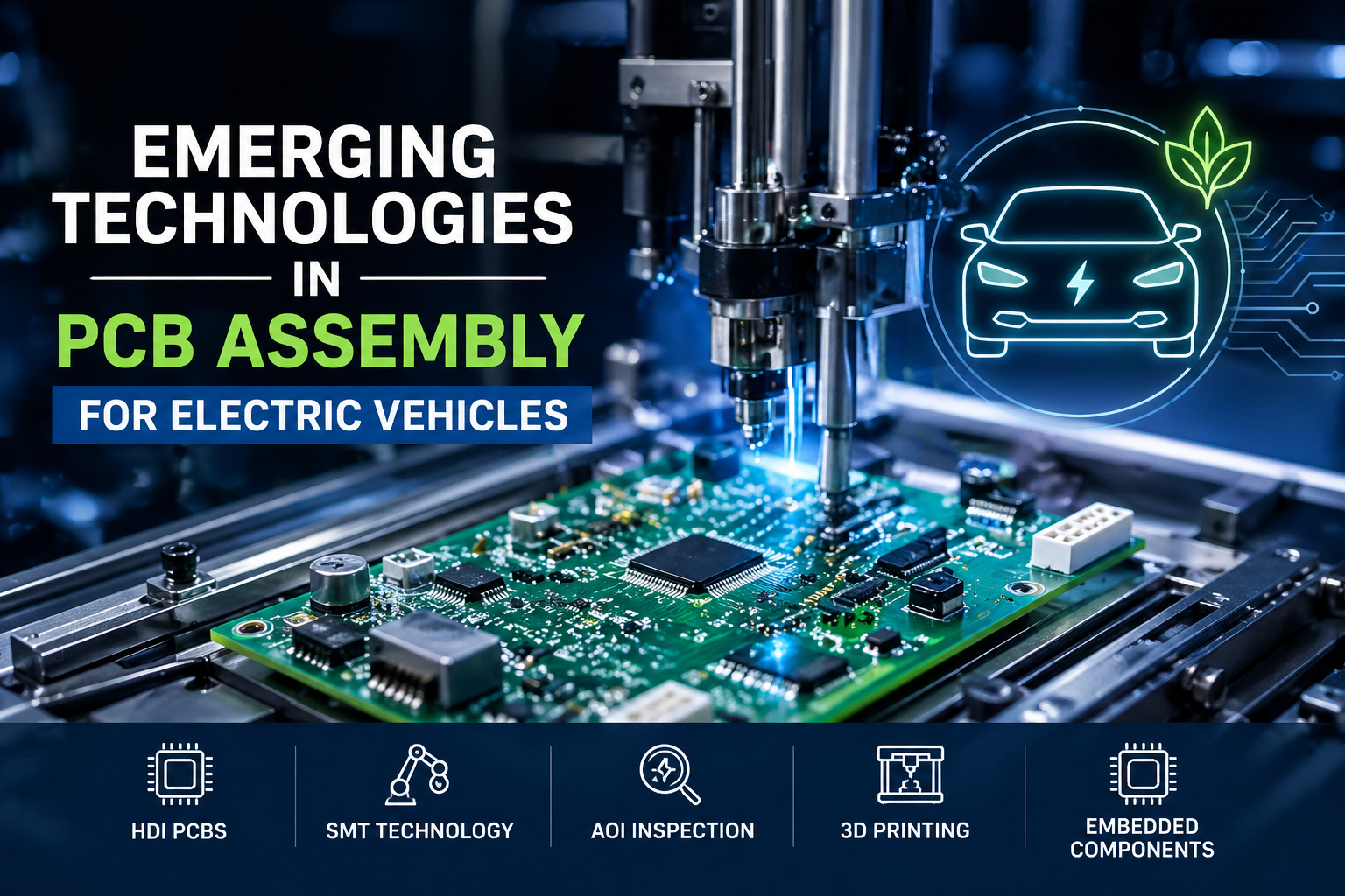 Emerging technologies in PCB assembly for electric vehicles including HDI, SMT, AOI and embedded components
