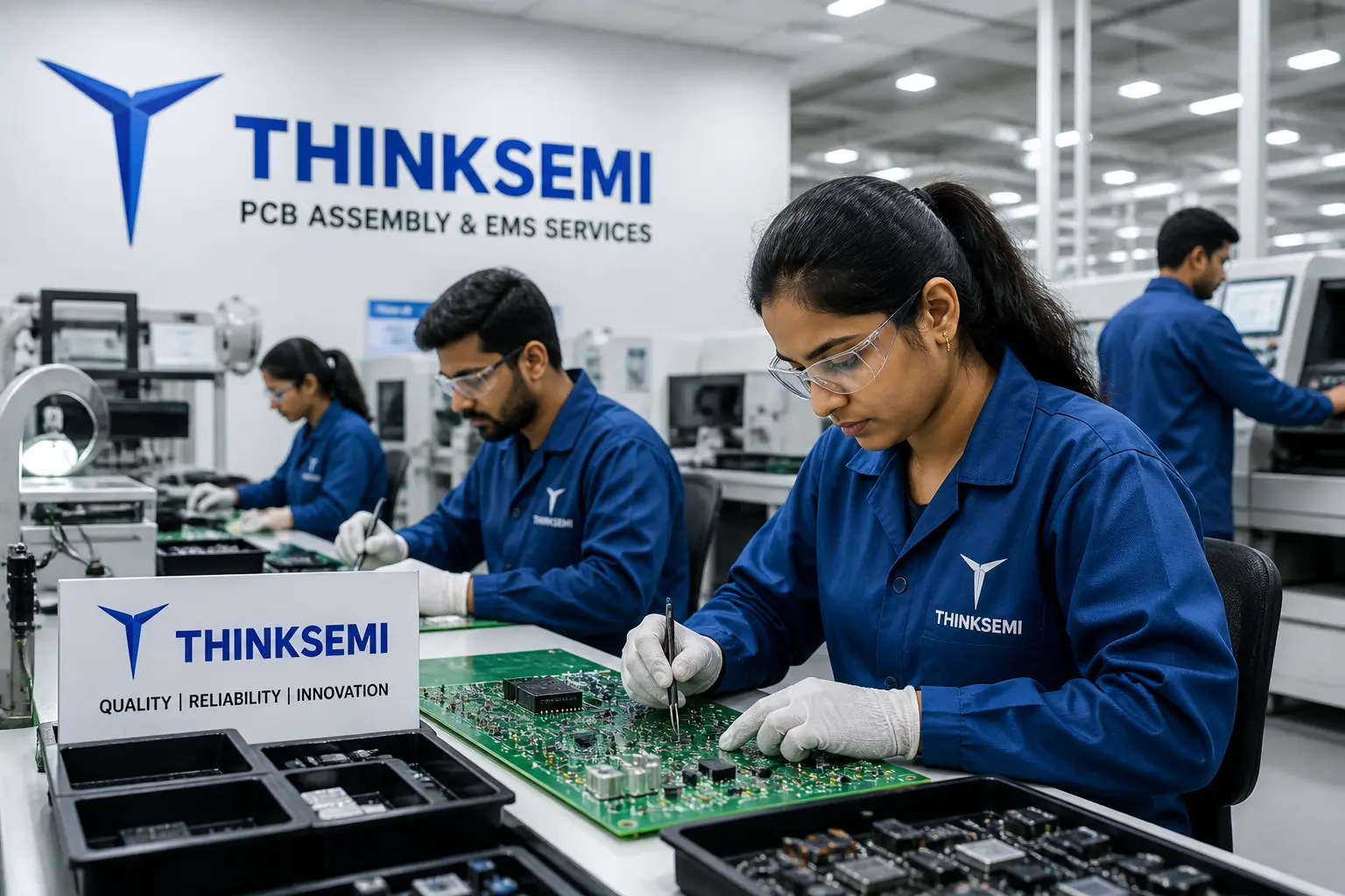 Workers assembling PCB at Thinksemi Infotech – best PCB assembly company in India