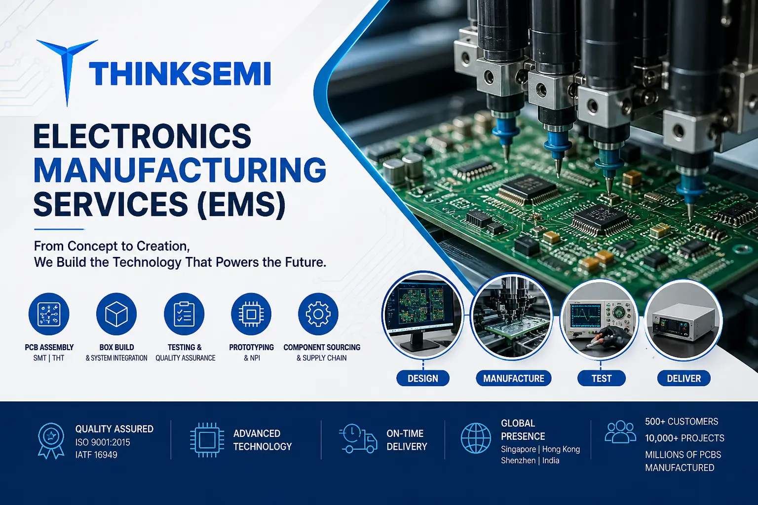 Electronics Manufacturing Services EMS PCB assembly machine working on circuit board Thinksemi Infotech